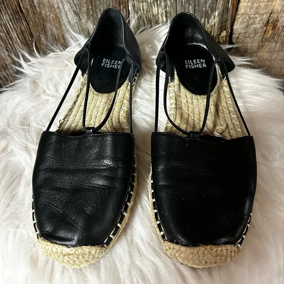 - Eileen Fisher Lee Washed Black Leather Espadrille Shoes