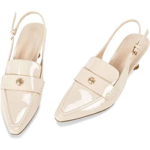 💫 Women Cream Slingback Kitten Heel Pointed Toe Pumps Ankle Buckle Dress Shoes