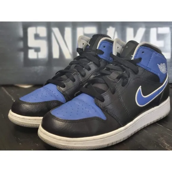 2013 Jordan 1 Mid Black/Royal Basketball Shoes 554725-007 Kid 6.5y Women 8