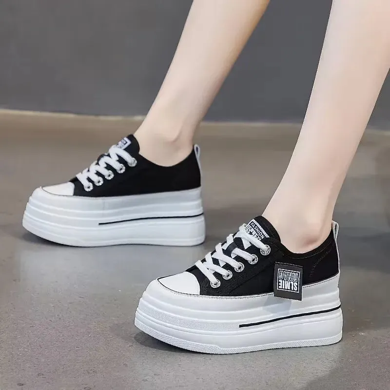 2025 New Woman Platform Sneakers Wedge Shoes Female 8cm Height Increasing Ladies Breathable Cloth Casual Shoes Canvas Shoes