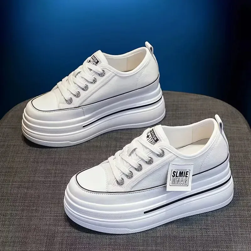 2025 New Woman Platform Sneakers Wedge Shoes Female 8cm Height Increasing Ladies Breathable Cloth Casual Shoes Canvas Shoes