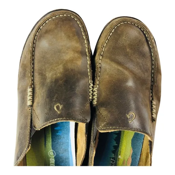 3232 OluKai Men's Moloā Brown 12 Premium Leather Slip On Slipper Comfort Shoes