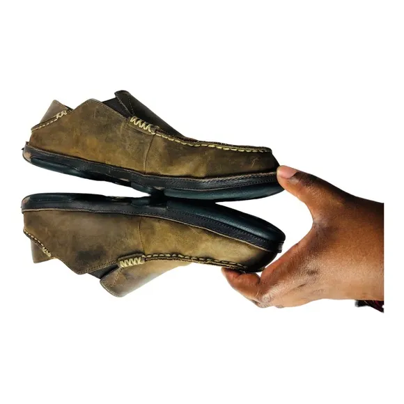 3232 OluKai Men's Moloā Brown 12 Premium Leather Slip On Slipper Comfort Shoes