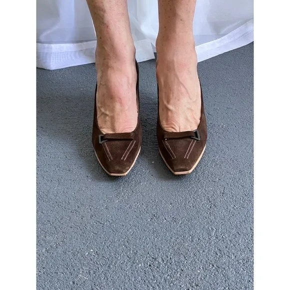 50s Delman VTG Brown Suede Ladies Pump Wood Heel Made in England Suede Sz 7-7.5
