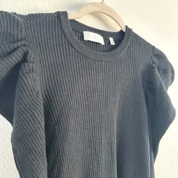 7 For All Mankind Puff Shoulder Ribbed Knit Sweater Black Modern Classic Women M