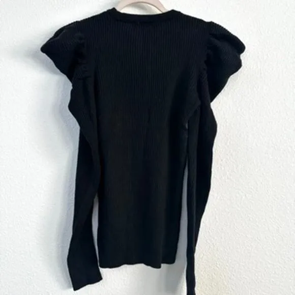7 For All Mankind Puff Shoulder Ribbed Knit Sweater Black Modern Classic Women M