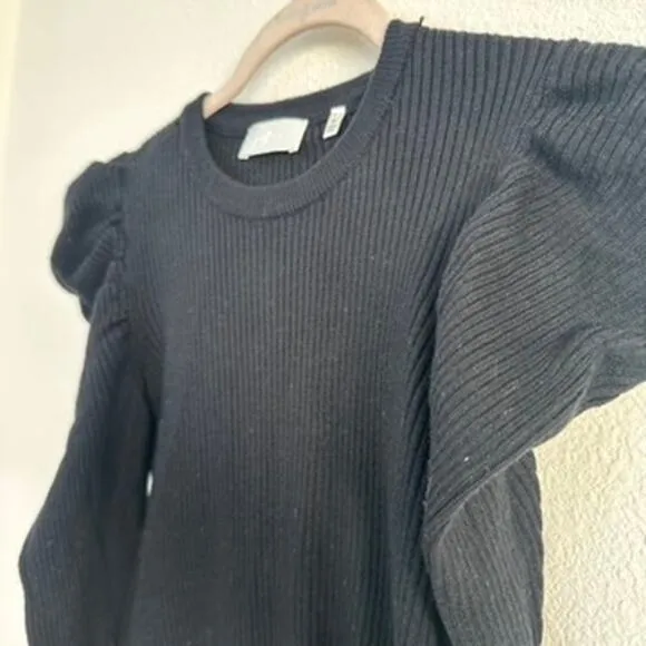 7 For All Mankind Puff Shoulder Ribbed Knit Sweater Black Modern Classic Women M