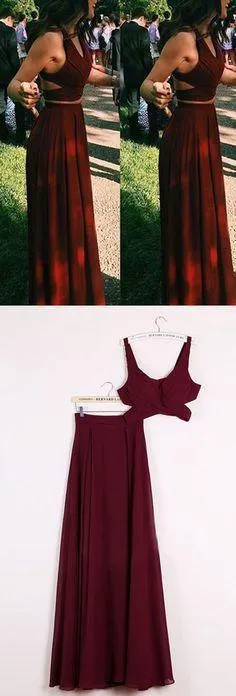 A Line 2 Pieces Plus Size Long Burgundy Chiffon Bridesmaids Dresses, WG342