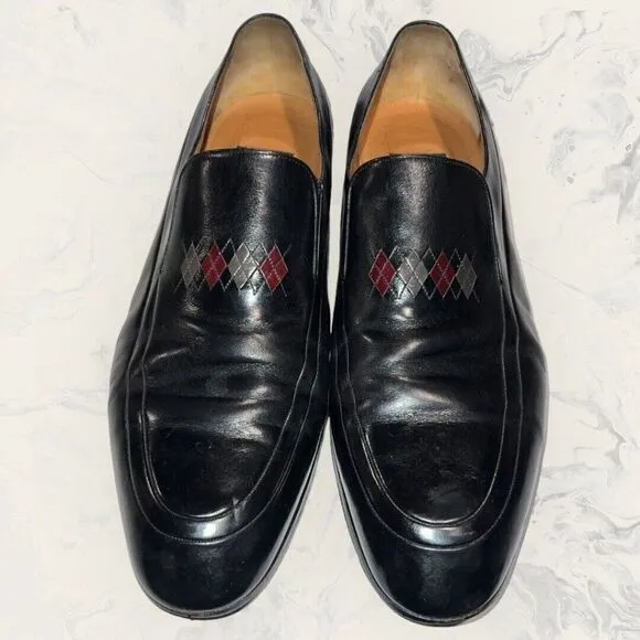 A. Testoni Black Leather Loafers Diamond Pattern Dress Shoes Men’s Size 10