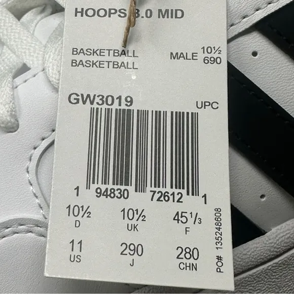 Adidas Men’s Hoops 3.0 Mid GW3019 White/Black Size 11