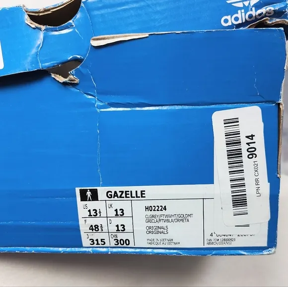 Adidas Originals Gazelle Clear Grey Cloud White Sneakers Men's Size 13.5 H02224