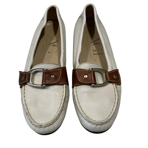 AGL Women's White and Brown leather Loafers driving shoes moccasins size 36.5