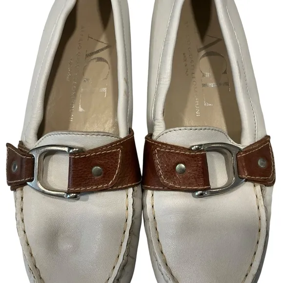 AGL Women's White and Brown leather Loafers driving shoes moccasins size 36.5