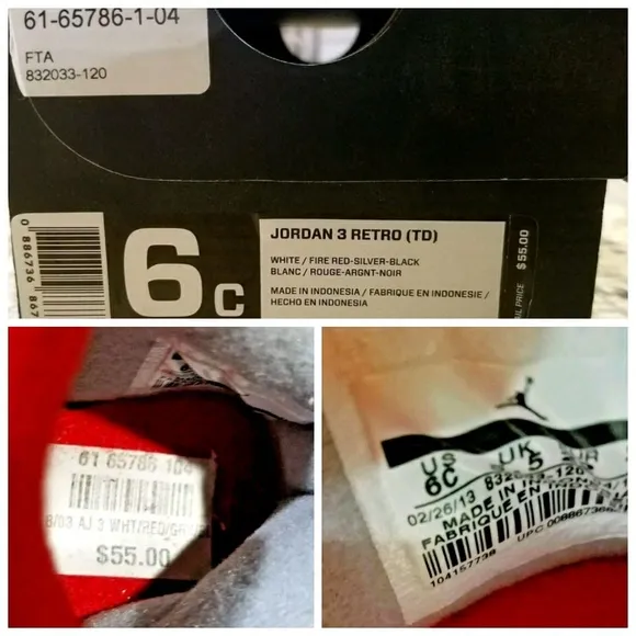 Air Jordan Retro 3 Toddler 6C Sneakers Shoes White