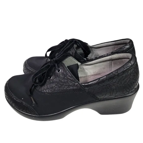 Alegria Madi Floral Notes Black Lace Up Shoes Leather Comfort Wedge Neoprene 8.5