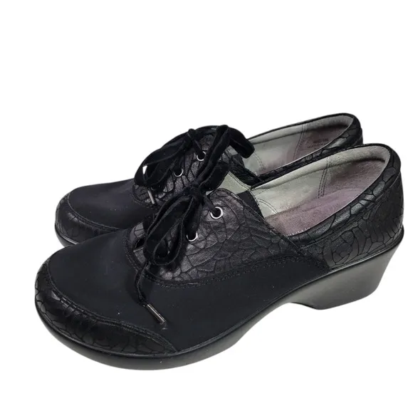 Alegria Madi Floral Notes Black Lace Up Shoes Leather Comfort Wedge Neoprene 8.5