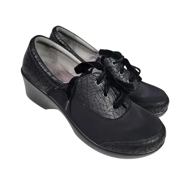 Alegria Madi Floral Notes Black Lace Up Shoes Leather Comfort Wedge Neoprene 8.5