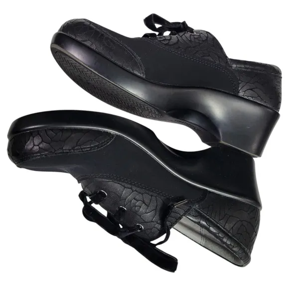 Alegria Madi Floral Notes Black Lace Up Shoes Leather Comfort Wedge Neoprene 8.5