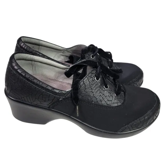 Alegria Madi Floral Notes Black Lace Up Shoes Leather Comfort Wedge Neoprene 8.5