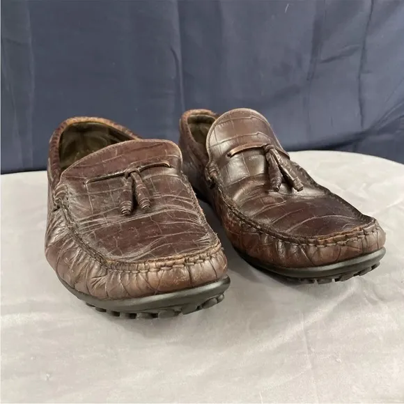 ALLEN EDMONDS Guidare Leather Shoes Men 9.5 D Brown Tassel Croc Loafer 9 1/2 D