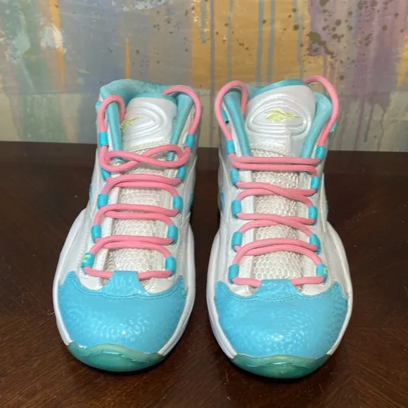 Allen Iverson Question Mid Blue Toe Pink Lemon Zest basketball shoes size 6
