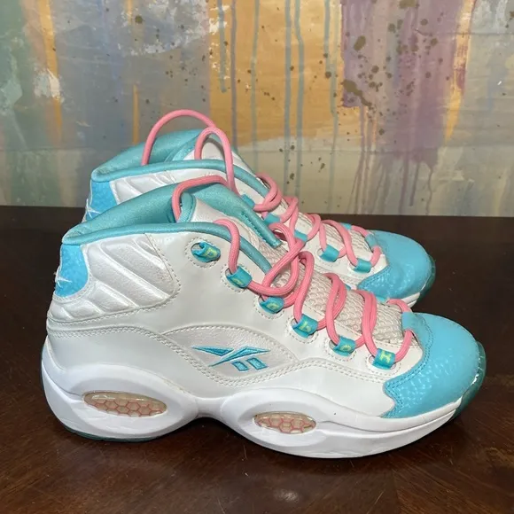 Allen Iverson Question Mid Blue Toe Pink Lemon Zest basketball shoes size 6