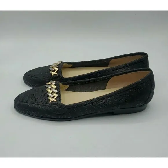 Amalfi by RANGON Oste Black Floral Design Leather Gold Chain Shoes Size 7N  NWOB