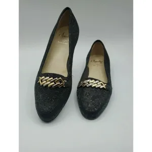 Amalfi by RANGON Oste Black Floral Design Leather Gold Chain Shoes Size 7N  NWOB