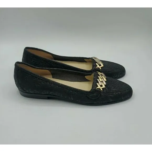 Amalfi by RANGON Oste Black Floral Design Leather Gold Chain Shoes Size 7N  NWOB