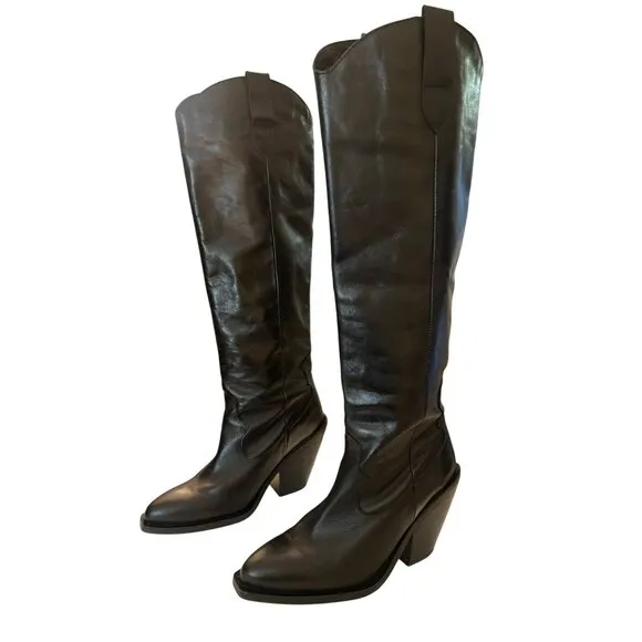 Anthropologie Maeve Tall Black Leather Western Boots Size 8 NEW