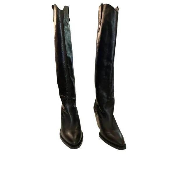 Anthropologie Maeve Tall Black Leather Western Boots Size 8 NEW