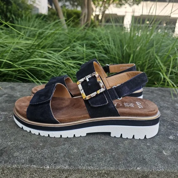 Ara 40 US 9.5 Marbella Suede Leather Sandals Navy Buckle Hook Loop Comfort