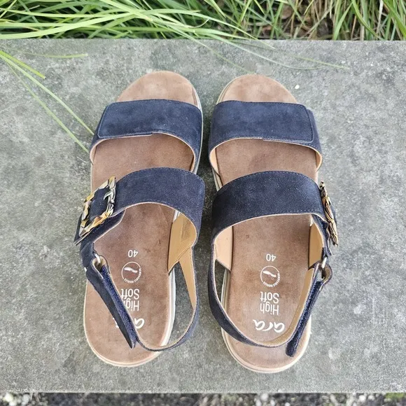 Ara 40 US 9.5 Marbella Suede Leather Sandals Navy Buckle Hook Loop Comfort