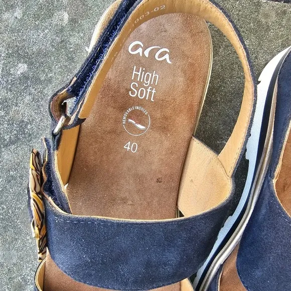 Ara 40 US 9.5 Marbella Suede Leather Sandals Navy Buckle Hook Loop Comfort