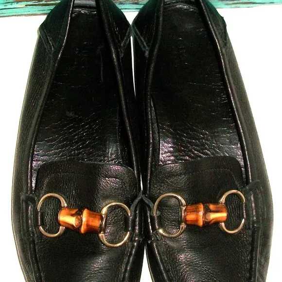 Authentic Gucci Black Leather Bamboo-Horsebit Men's Driving Loafers 7.5 40.5G