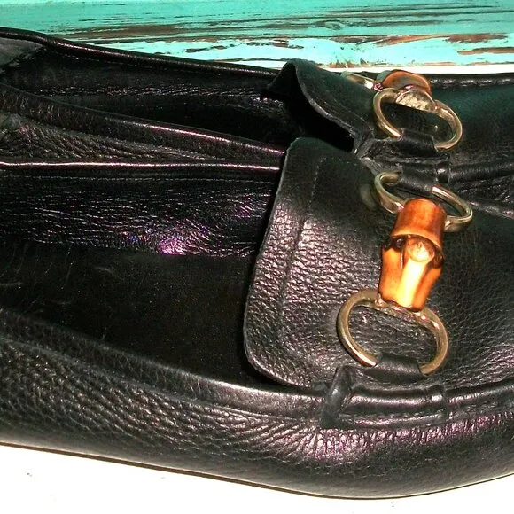 Authentic Gucci Black Leather Bamboo-Horsebit Men's Driving Loafers 7.5 40.5G