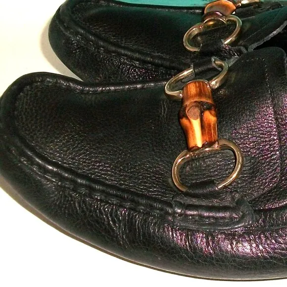 Authentic Gucci Black Leather Bamboo-Horsebit Men's Driving Loafers 7.5 40.5G