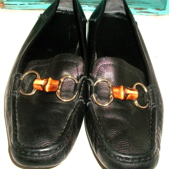 Authentic Gucci Black Leather Bamboo-Horsebit Men's Driving Loafers 7.5 40.5G
