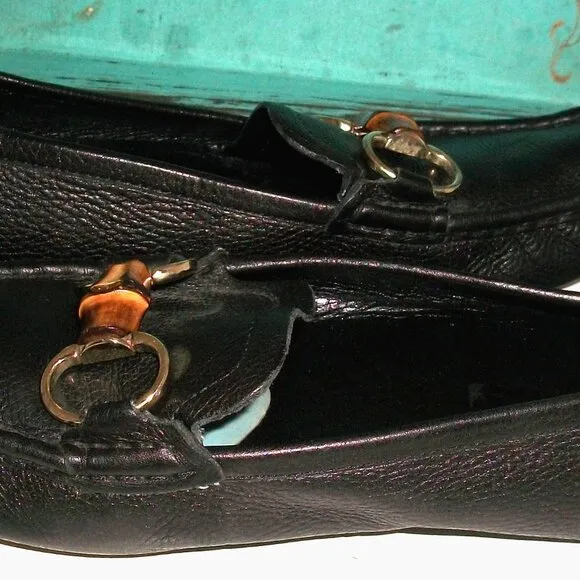 Authentic Gucci Black Leather Bamboo-Horsebit Men's Driving Loafers 7.5 40.5G