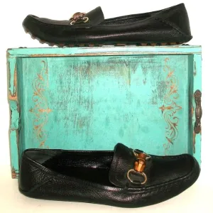 Authentic Gucci Black Leather Bamboo-Horsebit Men's Driving Loafers 7.5 40.5G