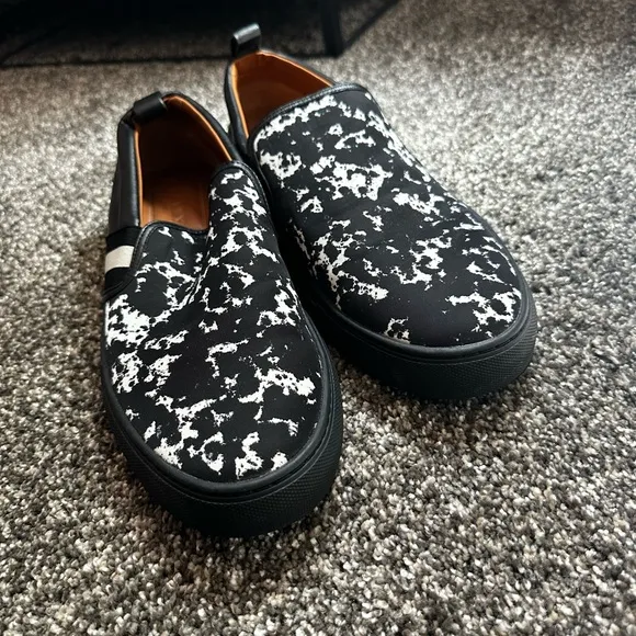Bally Black and White Suede Loafers with Artistic Pattern