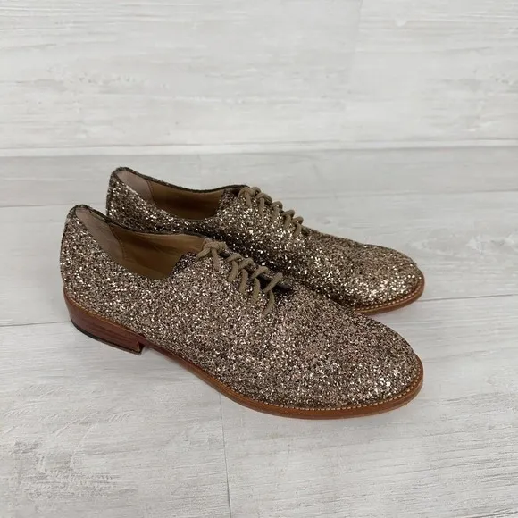 Banana Republic Glitter Brogue Oxford Shoes Women 7 Gold Bronze Shimmer Lace Up