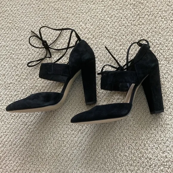 BCBGeneration Black Block High Heels Ankle Wrap Around Straps Shoes Size 8.5