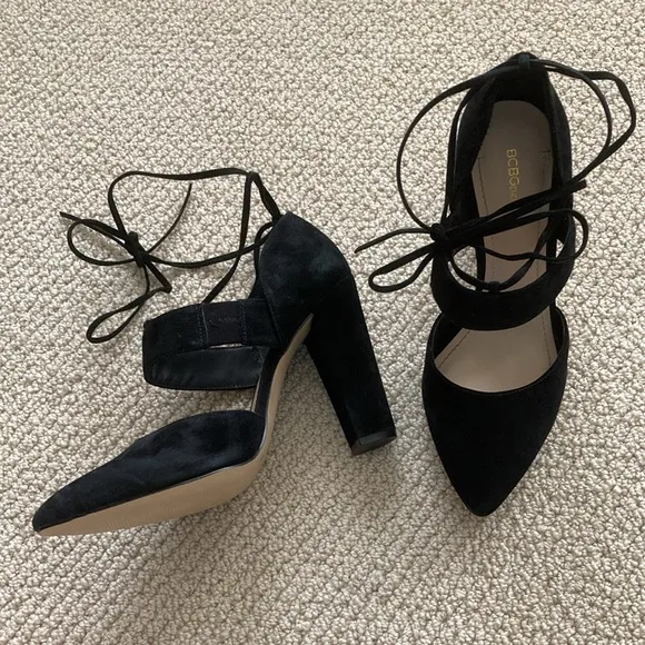 BCBGeneration Black Block High Heels Ankle Wrap Around Straps Shoes Size 8.5