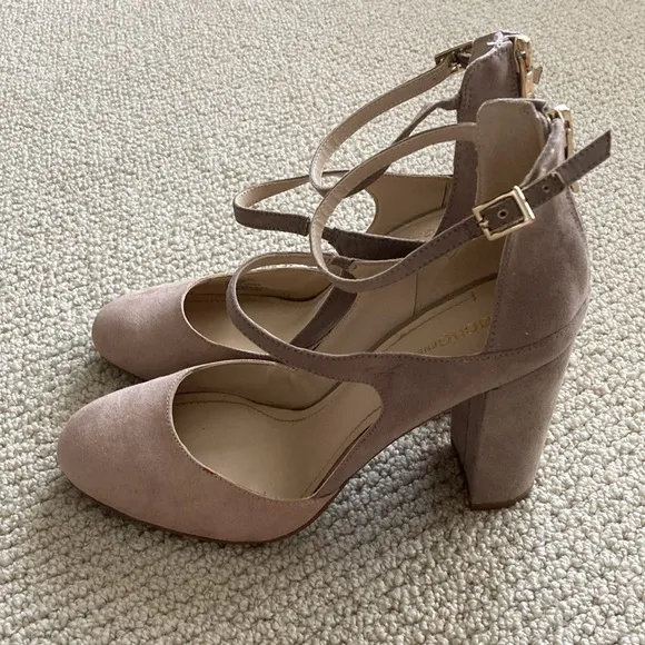 BCBGeneration Nude Ankle Block Heels Size 9 Seude Style Double Strap Strappy