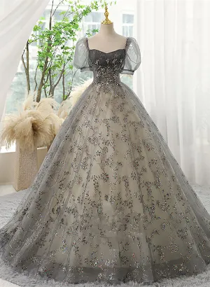 Beautiful Ball Gown Tulle Short Sleeves Long Party Dress, Tulle with Lace Prom Dress