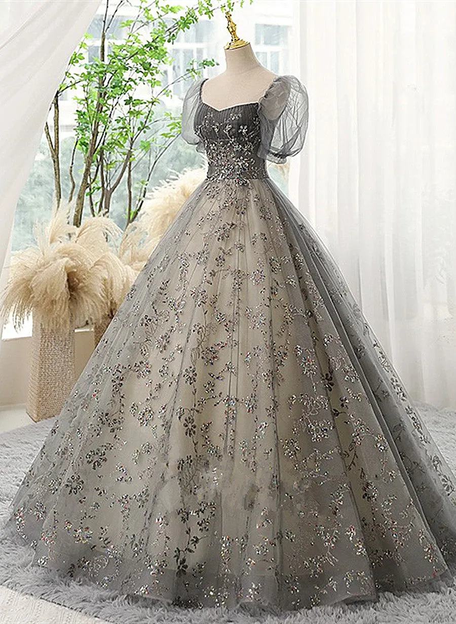 Beautiful Ball Gown Tulle Short Sleeves Long Party Dress, Tulle with Lace Prom Dress