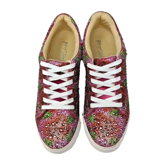 Betsey Johnson Sidny Rhinestone Sneakers Shoes Women's 11 Pink Floral NEW FLAWS