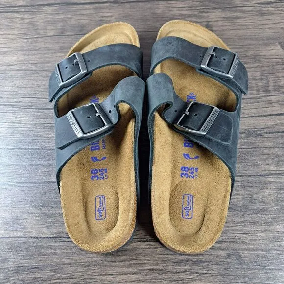 Birkenstock Arizona Leather Soft Footbed Slide Sandals Women's Sz 7 N EU38 Black