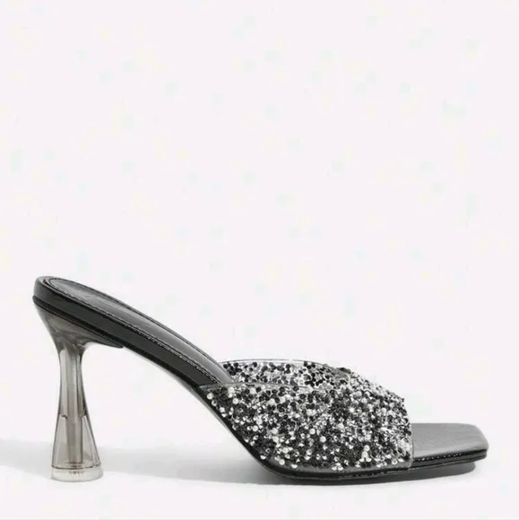 Black Square Toe Crystal High Heel Sandals,Rhinestone Embellished
